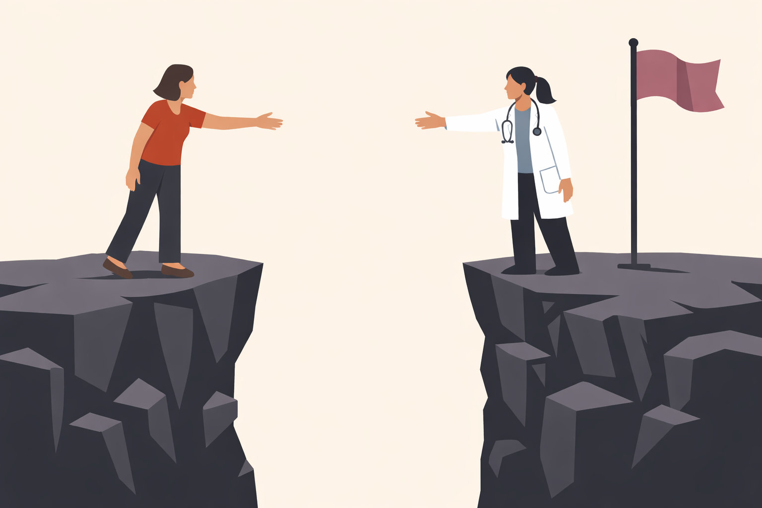 A patient and clinician reaching toward each other across a cliff gap